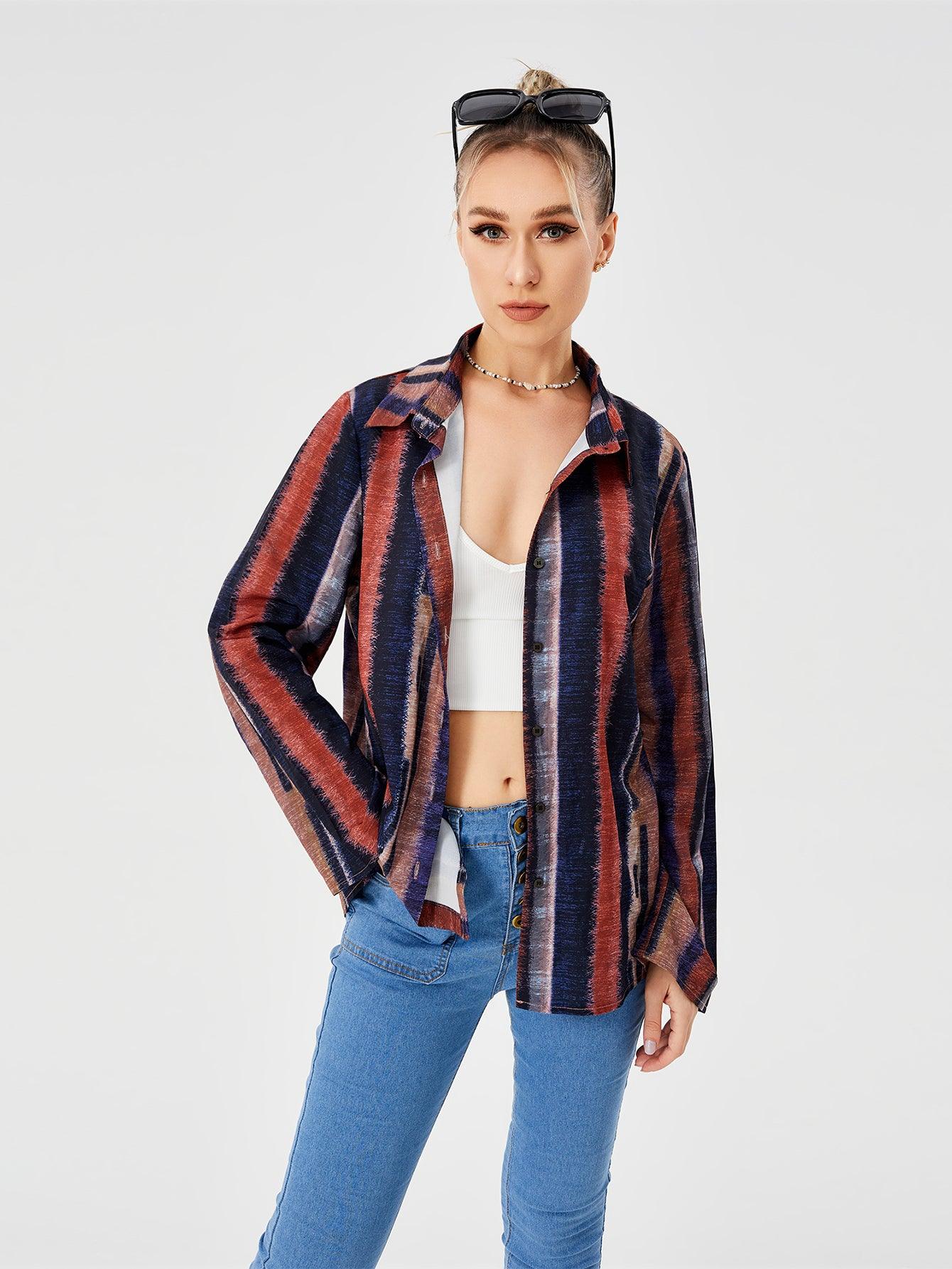 Women's Casual Loose Striped Shirt - Nioor