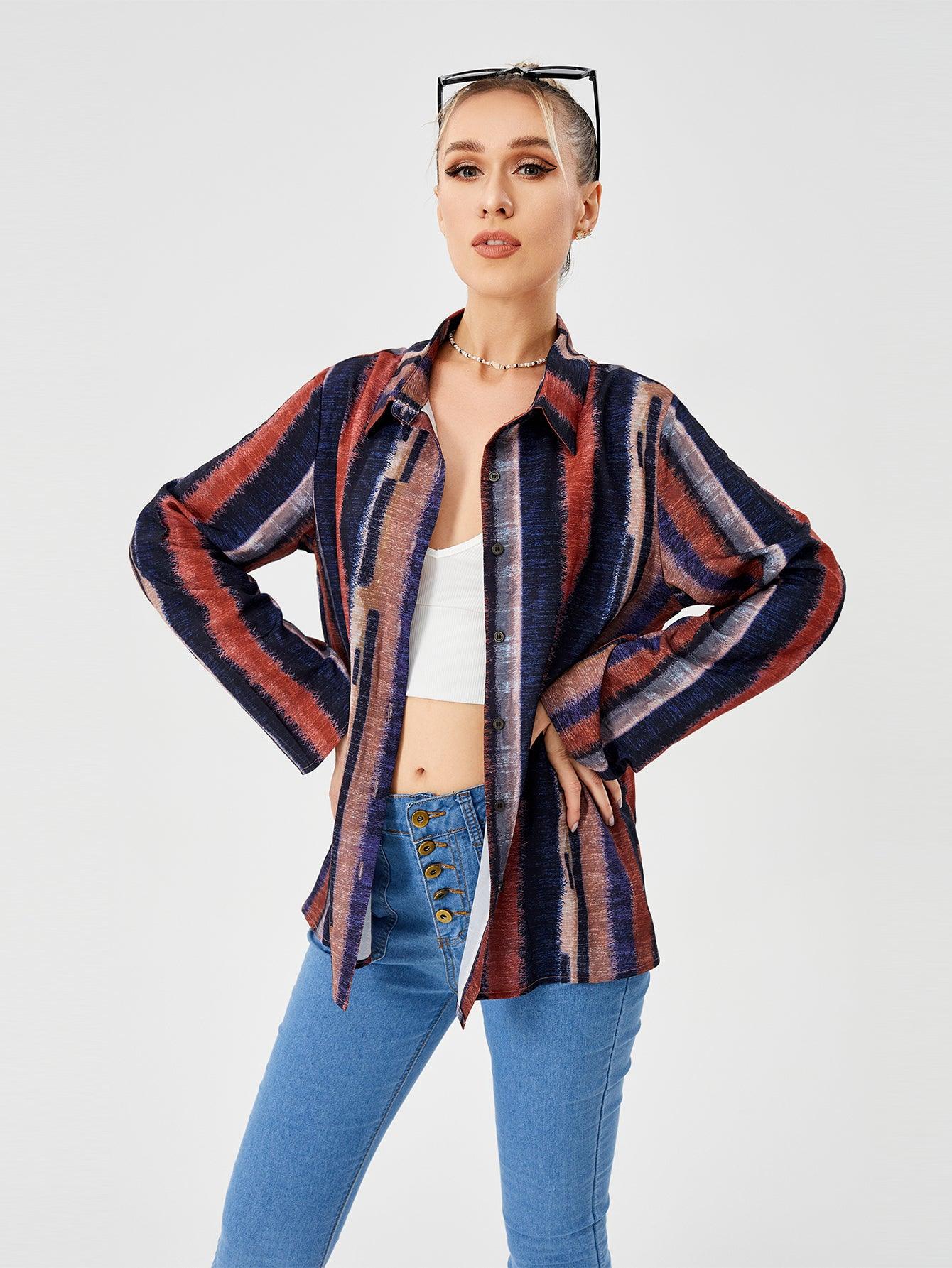 Women's Casual Loose Striped Shirt - Nioor