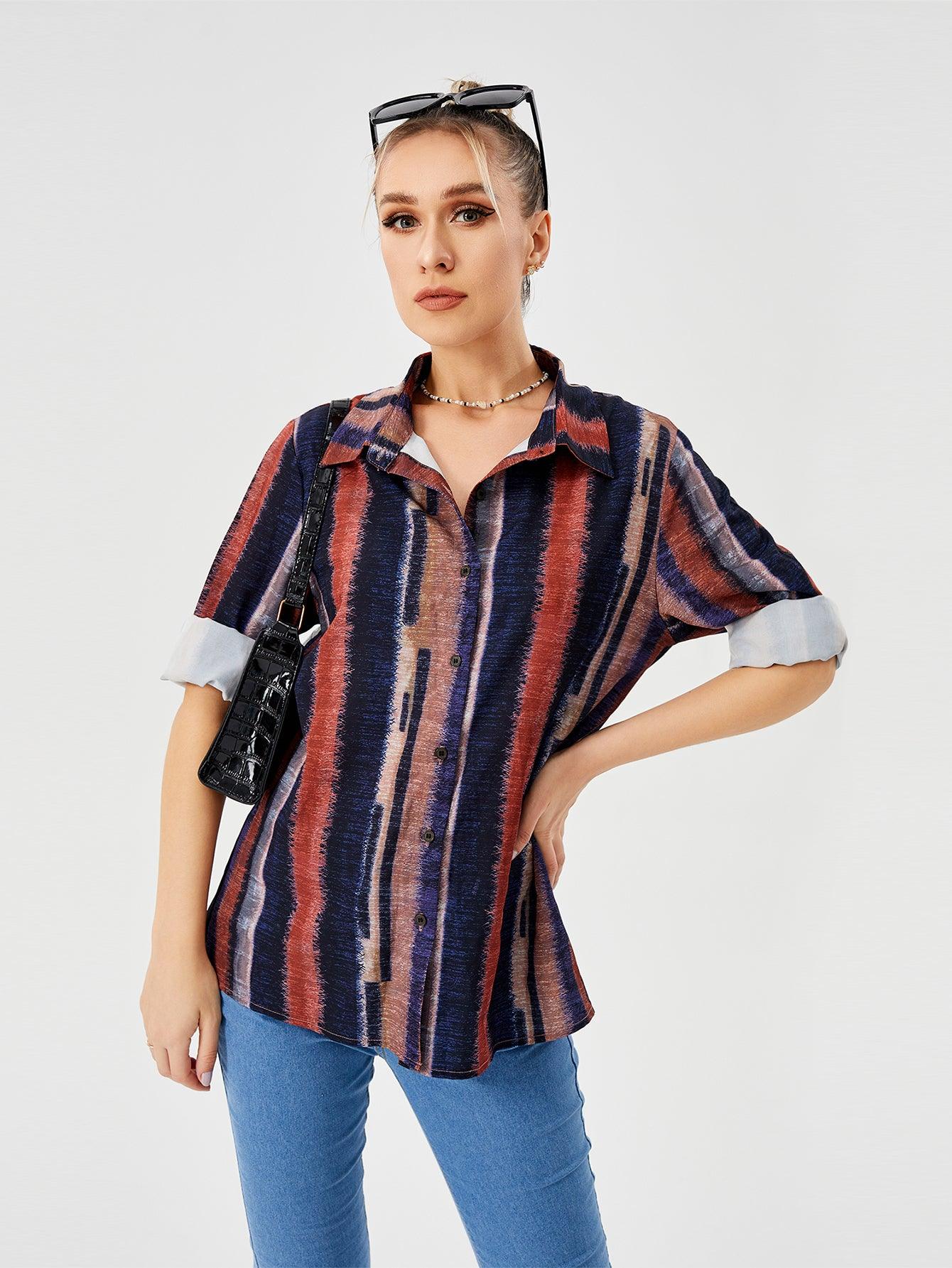 Women's Casual Loose Striped Shirt - Nioor