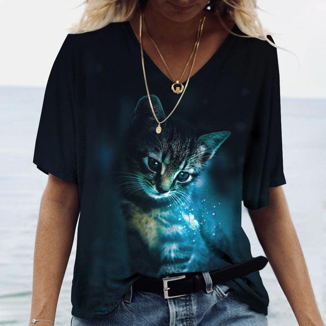 Women's Casual Printed Round Neck Cat Pattern T-shirt - Nioor