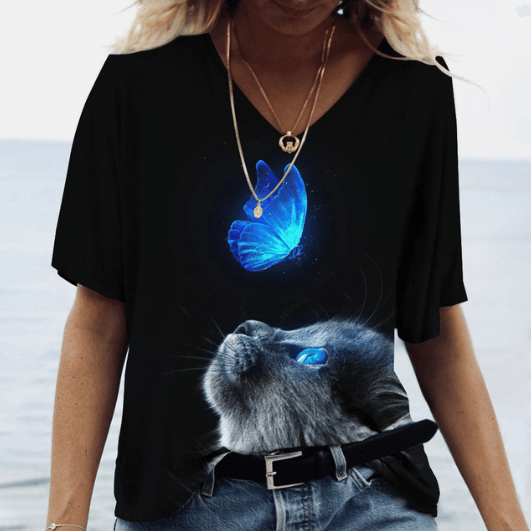 Women's Casual Printed Round Neck Cat Pattern T-shirt - Nioor