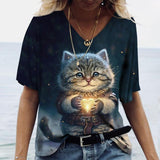 Women's Casual Printed Round Neck Cat Pattern T-shirt - Nioor