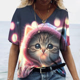 Women's Casual Printed Round Neck Cat Pattern T-shirt - Nioor