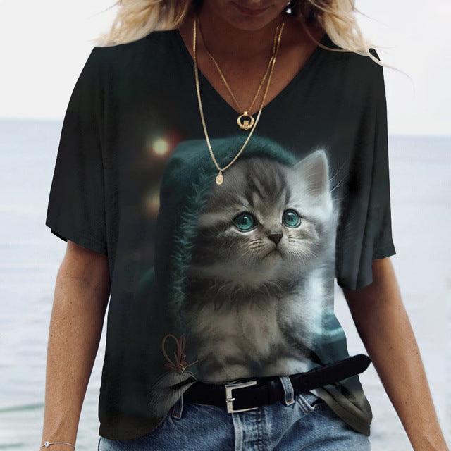 Women's Casual Printed Round Neck Cat Pattern T-shirt - Nioor