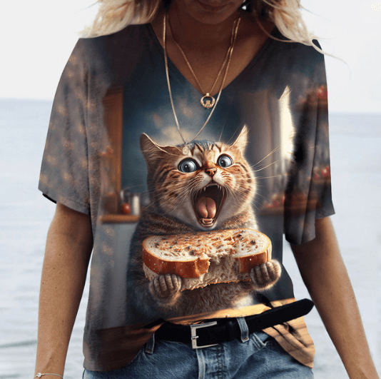 Women's Casual Printed Round Neck Cat Pattern T-shirt - Nioor