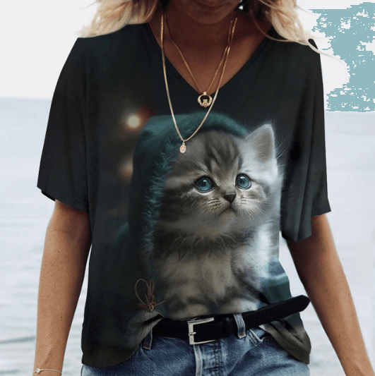 Women's Casual Printed Round Neck Cat Pattern T-shirt - Nioor