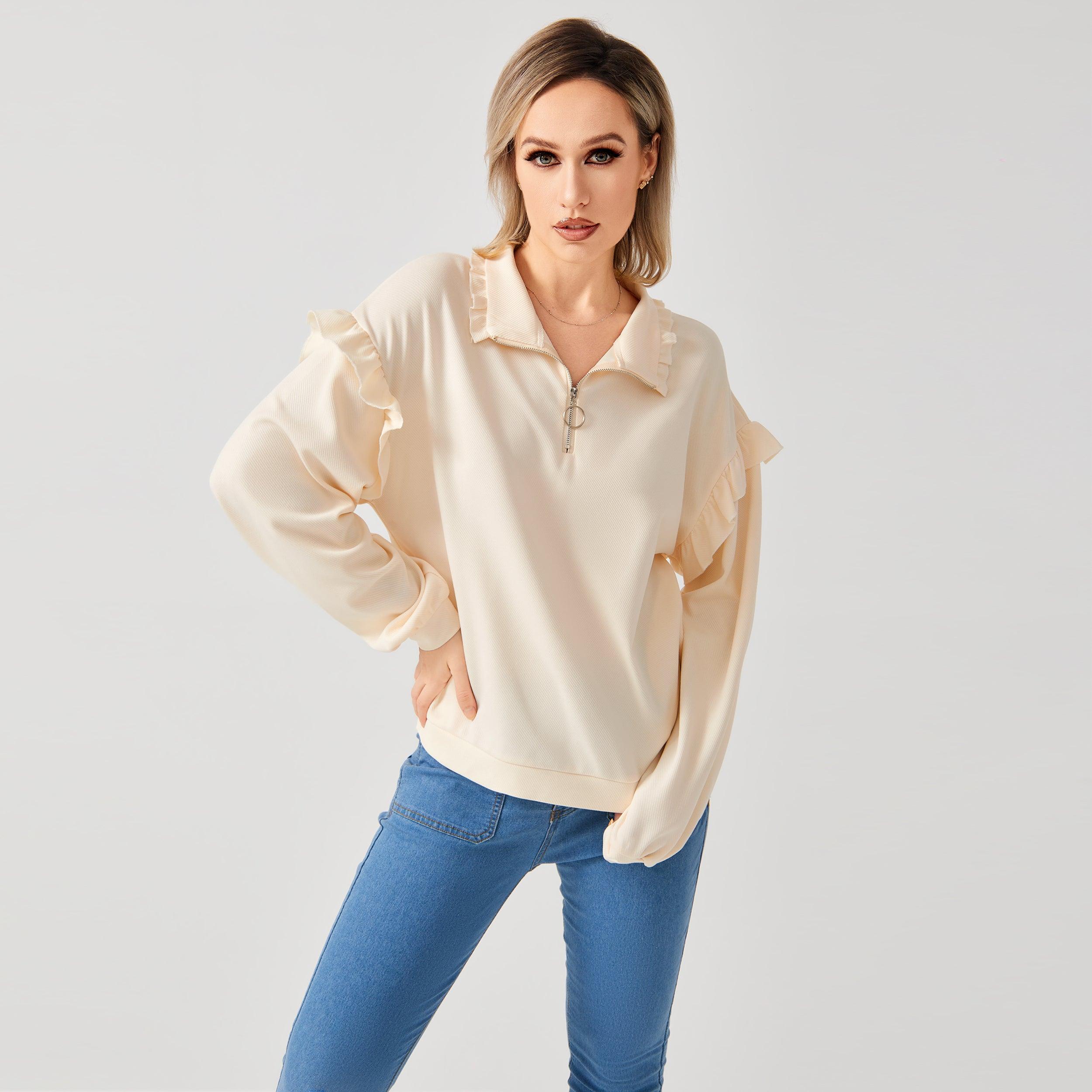 Women's Casual Ruffle Trim Half Zip Sweatshirt - Nioor