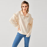 Women's Casual Ruffle Trim Half Zip Sweatshirt - Nioor