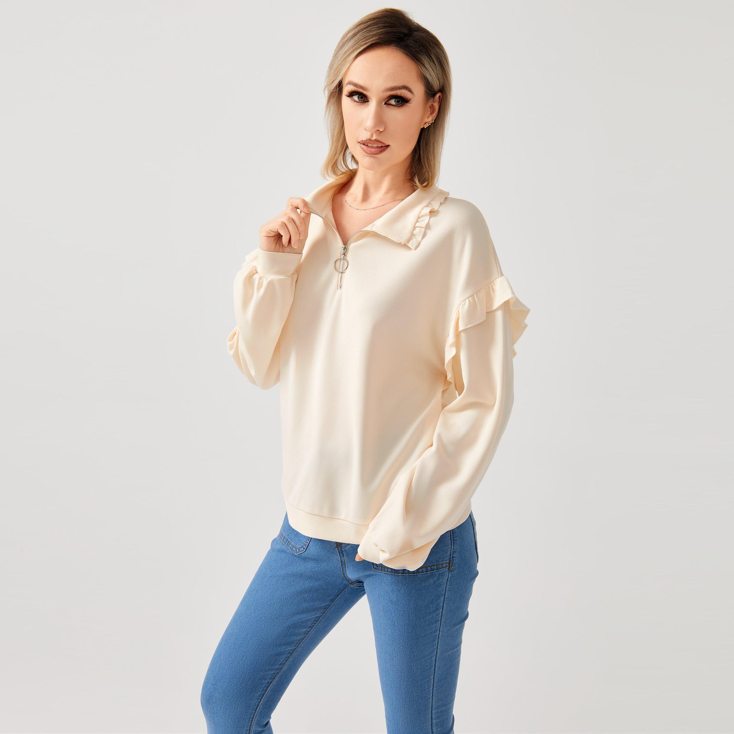 Women's Casual Ruffle Trim Half Zip Sweatshirt - Nioor