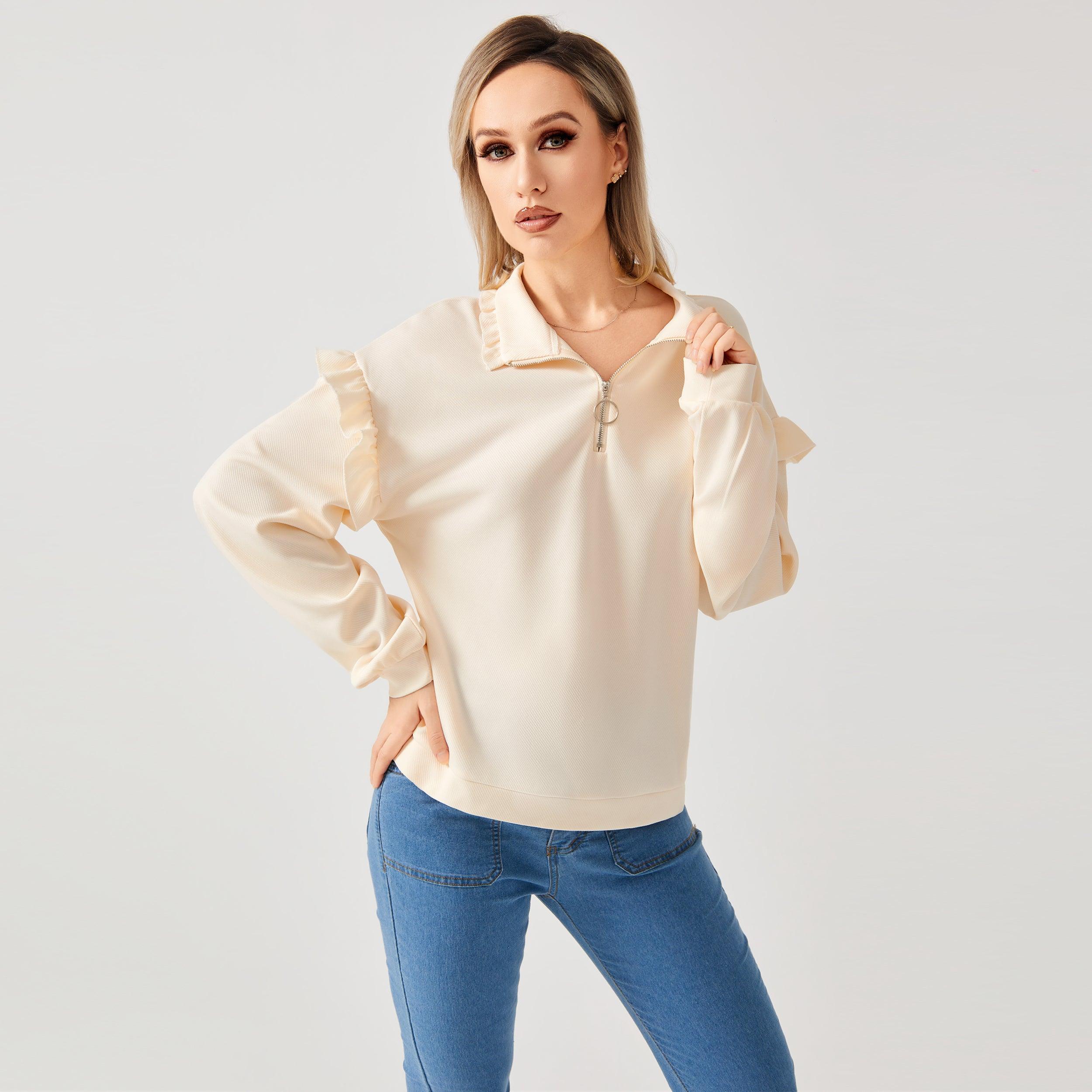 Women's Casual Ruffle Trim Half Zip Sweatshirt - Nioor