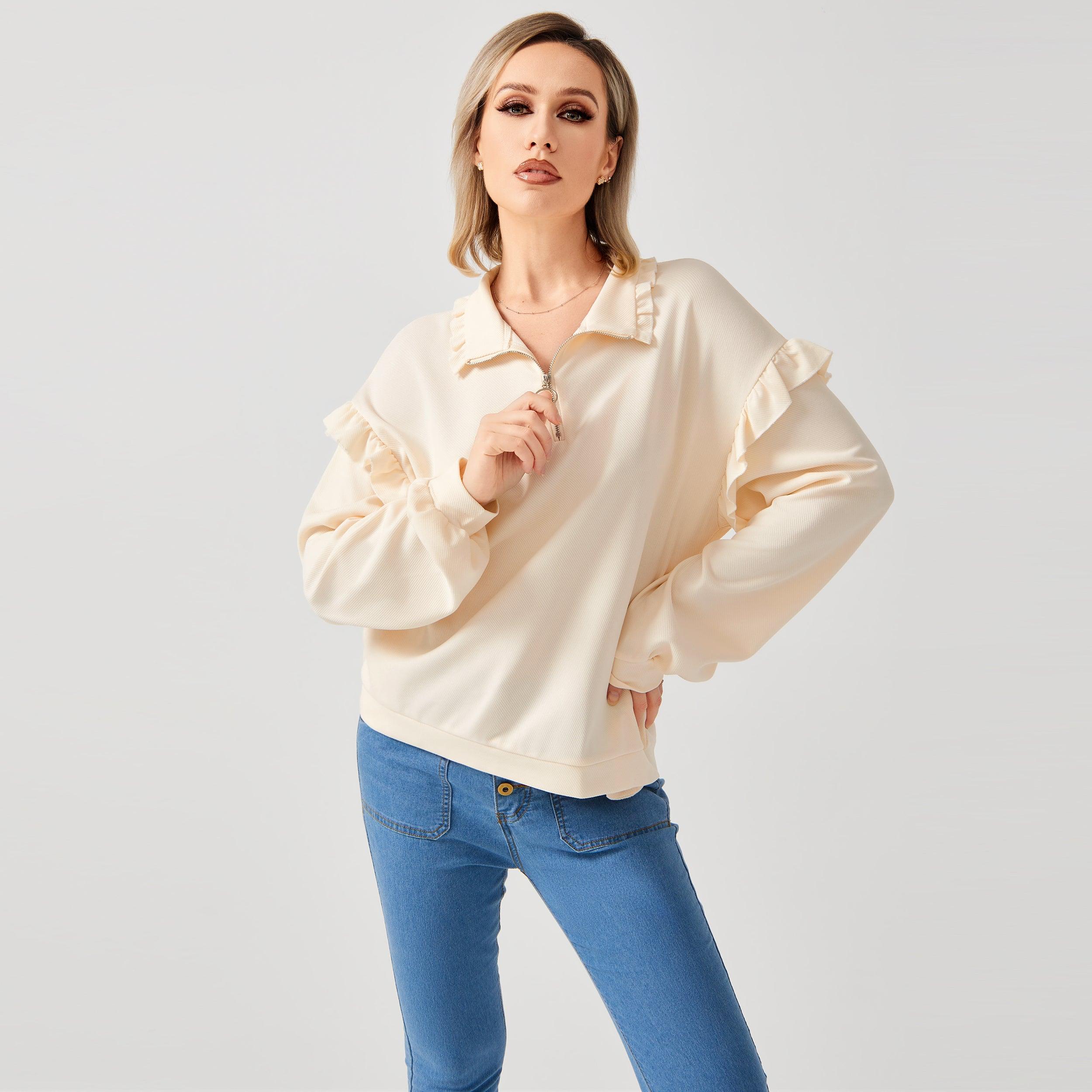 Women's Casual Ruffle Trim Half Zip Sweatshirt - Nioor