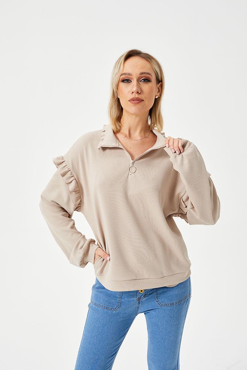 Women's Casual Ruffle Trim Half Zip Sweatshirt - Nioor