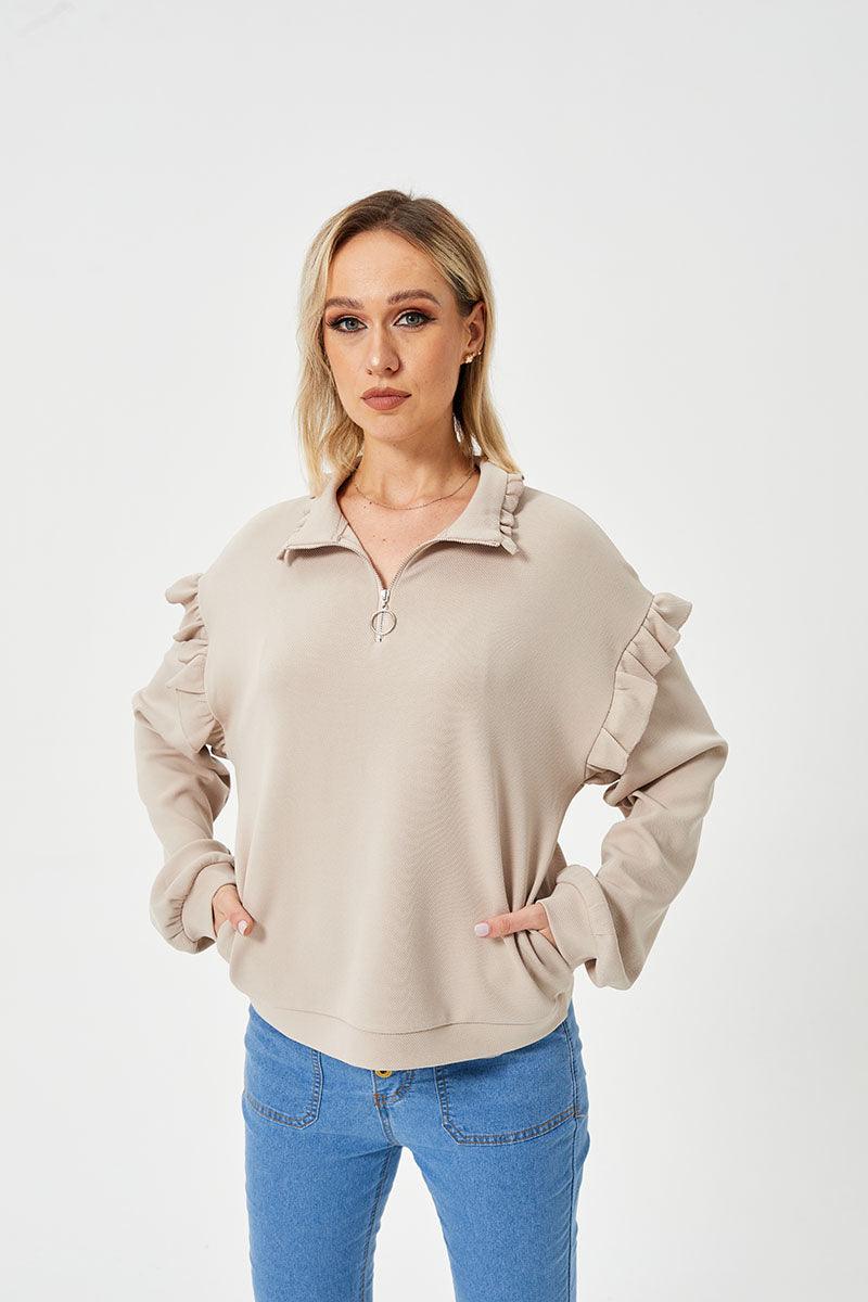 Women's Casual Ruffle Trim Half Zip Sweatshirt - Nioor