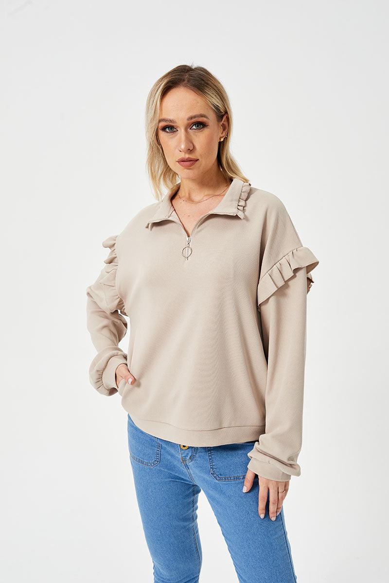 Women's Casual Ruffle Trim Half Zip Sweatshirt - Nioor