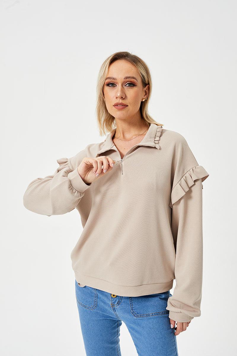 Women's Casual Ruffle Trim Half Zip Sweatshirt - Nioor