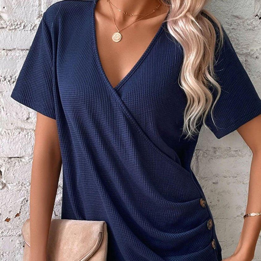 Women's Casual Short-sleeved V-neck Solid Color T-shirt - Nioor