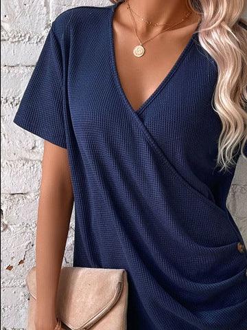 Women's Casual Short-sleeved V-neck Solid Color T-shirt - Nioor