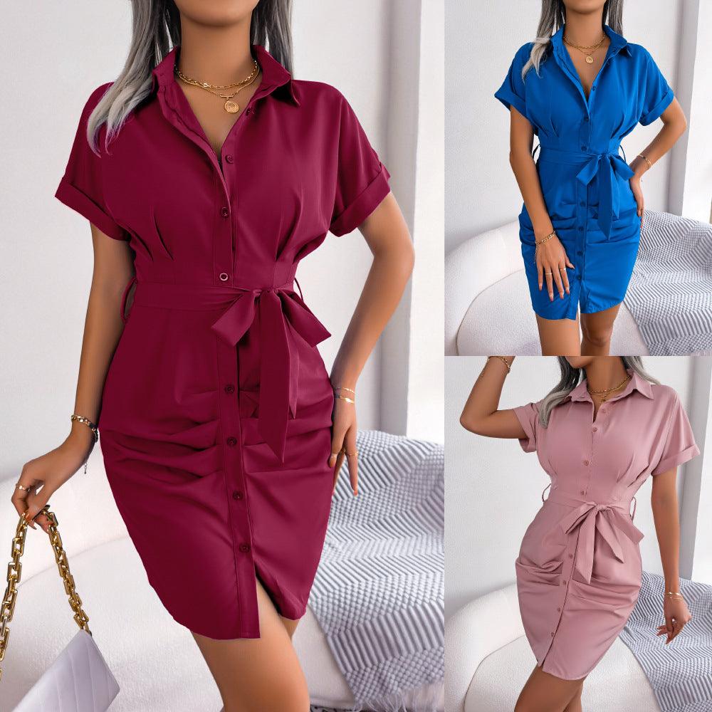 Women's Casual Solid Color Batwing Sleeve Waist-tight Folding Shirt Dress - Nioor