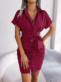 Women's Casual Solid Color Batwing Sleeve Waist-tight Folding Shirt Dress - Nioor