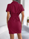 Women's Casual Solid Color Batwing Sleeve Waist-tight Folding Shirt Dress - Nioor