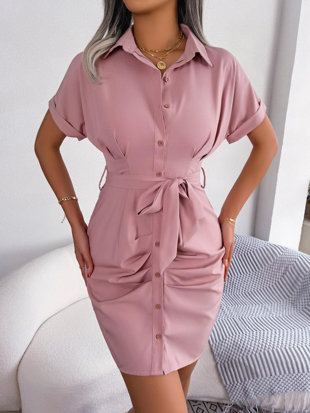 Women's Casual Solid Color Batwing Sleeve Waist-tight Folding Shirt Dress - Nioor