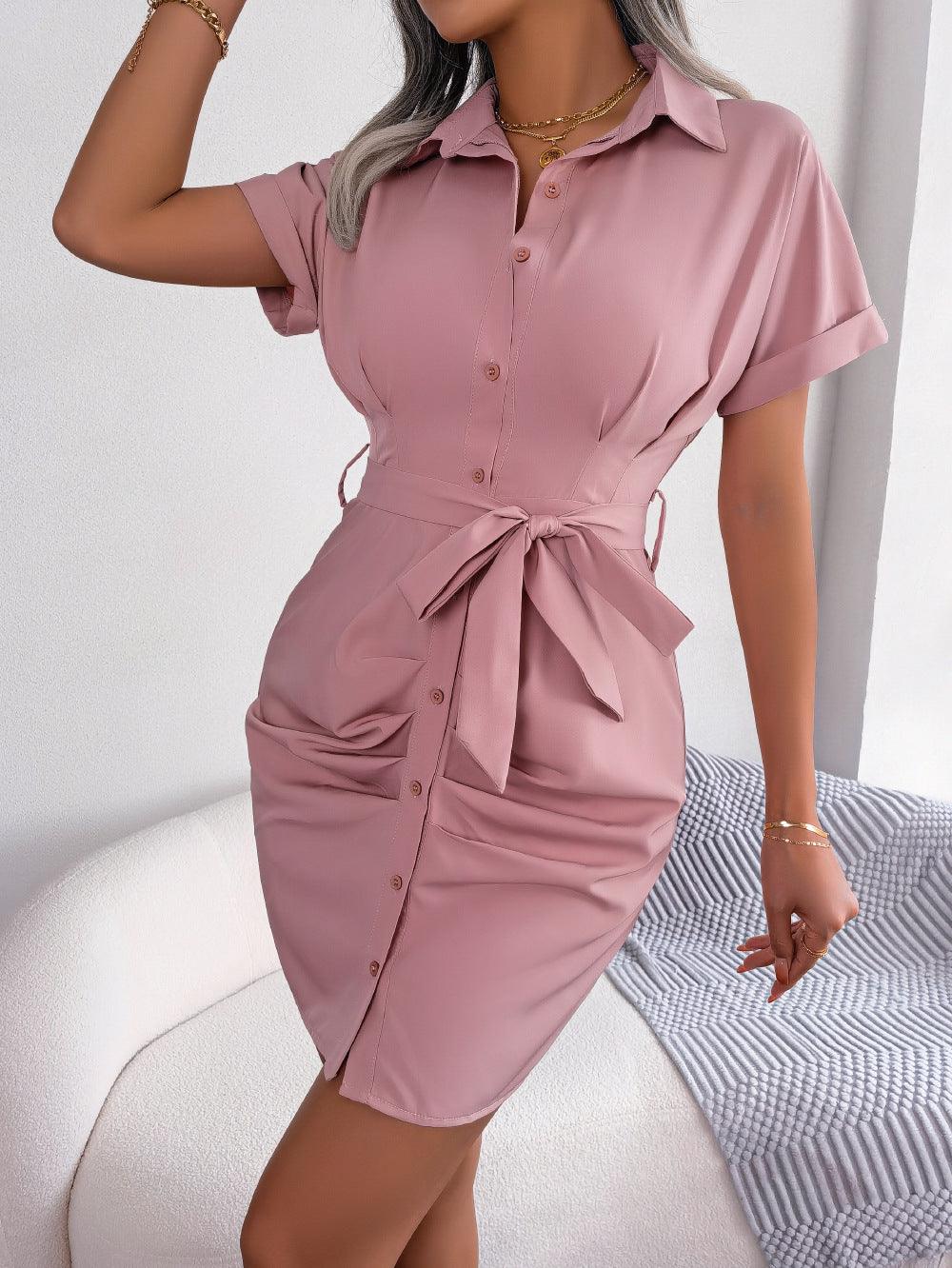 Women's Casual Solid Color Batwing Sleeve Waist-tight Folding Shirt Dress - Nioor