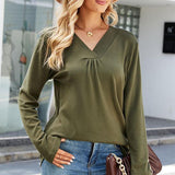 Women's Casual V Neck Long Sleeve Loose T Shirt In Solid Color - Nioor