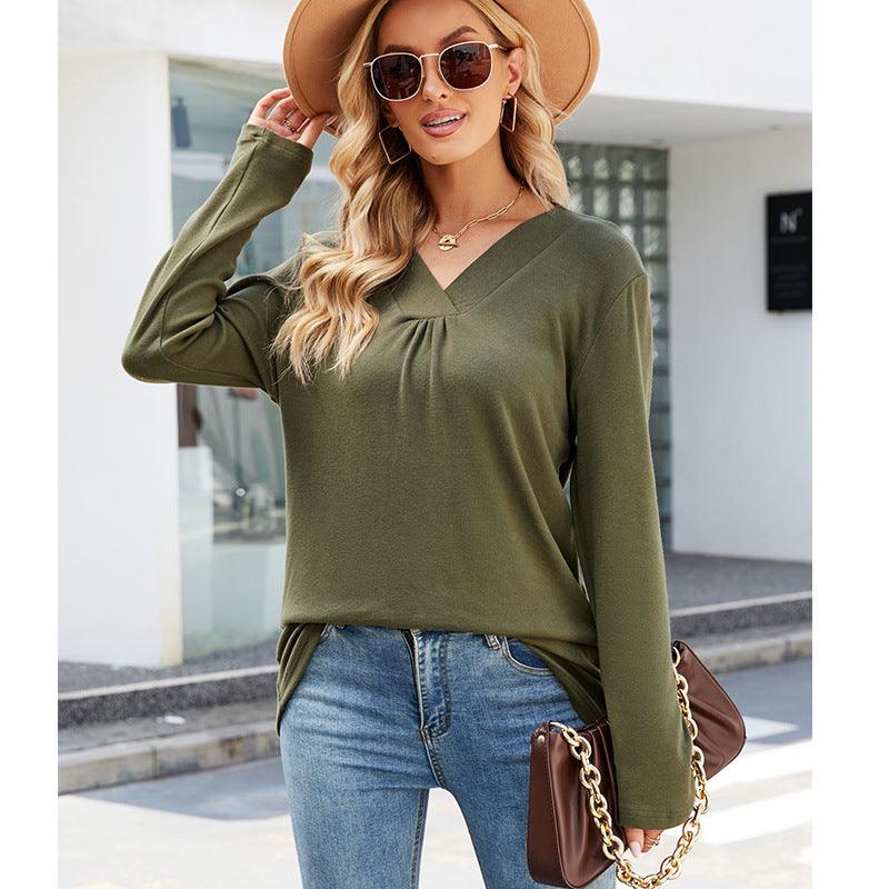 Women's Casual V Neck Long Sleeve Loose T Shirt In Solid Color - Nioor