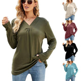 Women's Casual V Neck Long Sleeve Loose T Shirt In Solid Color - Nioor