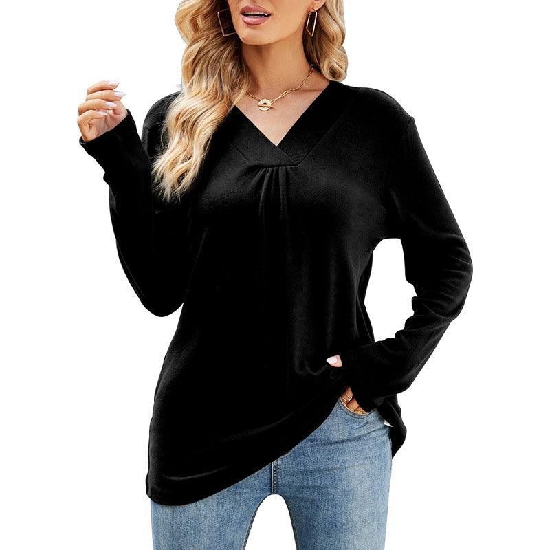 Women's Casual V Neck Long Sleeve Loose T Shirt In Solid Color - Nioor