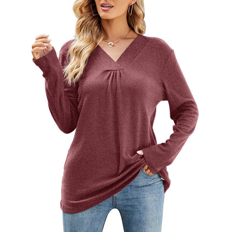 Women's Casual V Neck Long Sleeve Loose T Shirt In Solid Color - Nioor