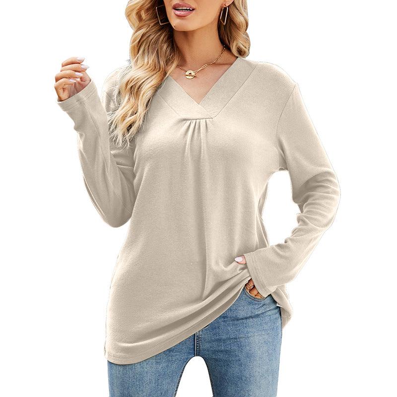 Women's Casual V Neck Long Sleeve Loose T Shirt In Solid Color - Nioor