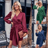 Women's Casual V-neck Solid Color Tie Waist Long Sleeve Dress - Nioor