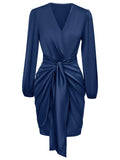 Women's Casual V-neck Solid Color Tie Waist Long Sleeve Dress - Nioor