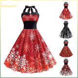 Women's Christmas Snowflake Print Strap High Waist Dress - Nioor