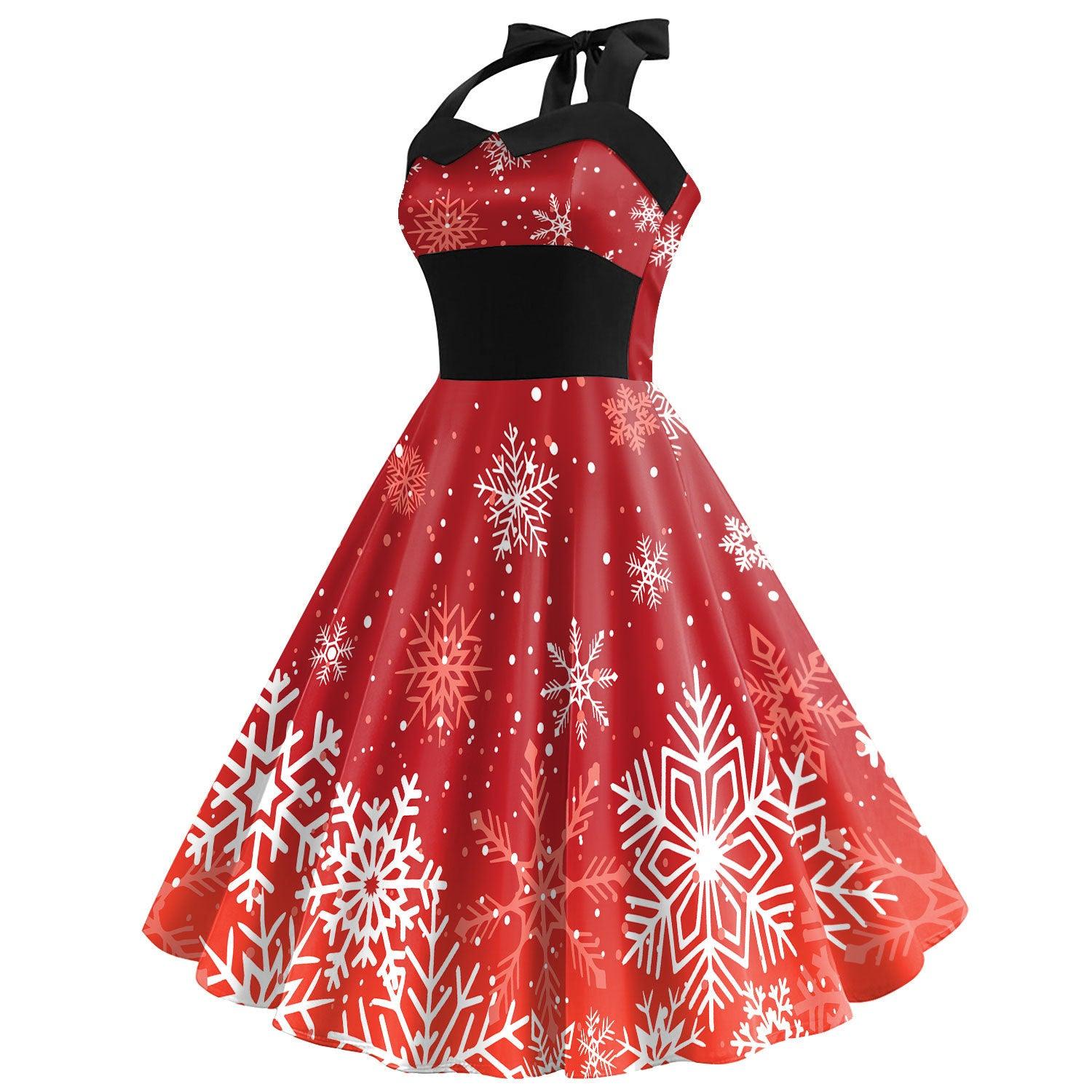 Women's Christmas Snowflake Print Strap High Waist Dress - Nioor