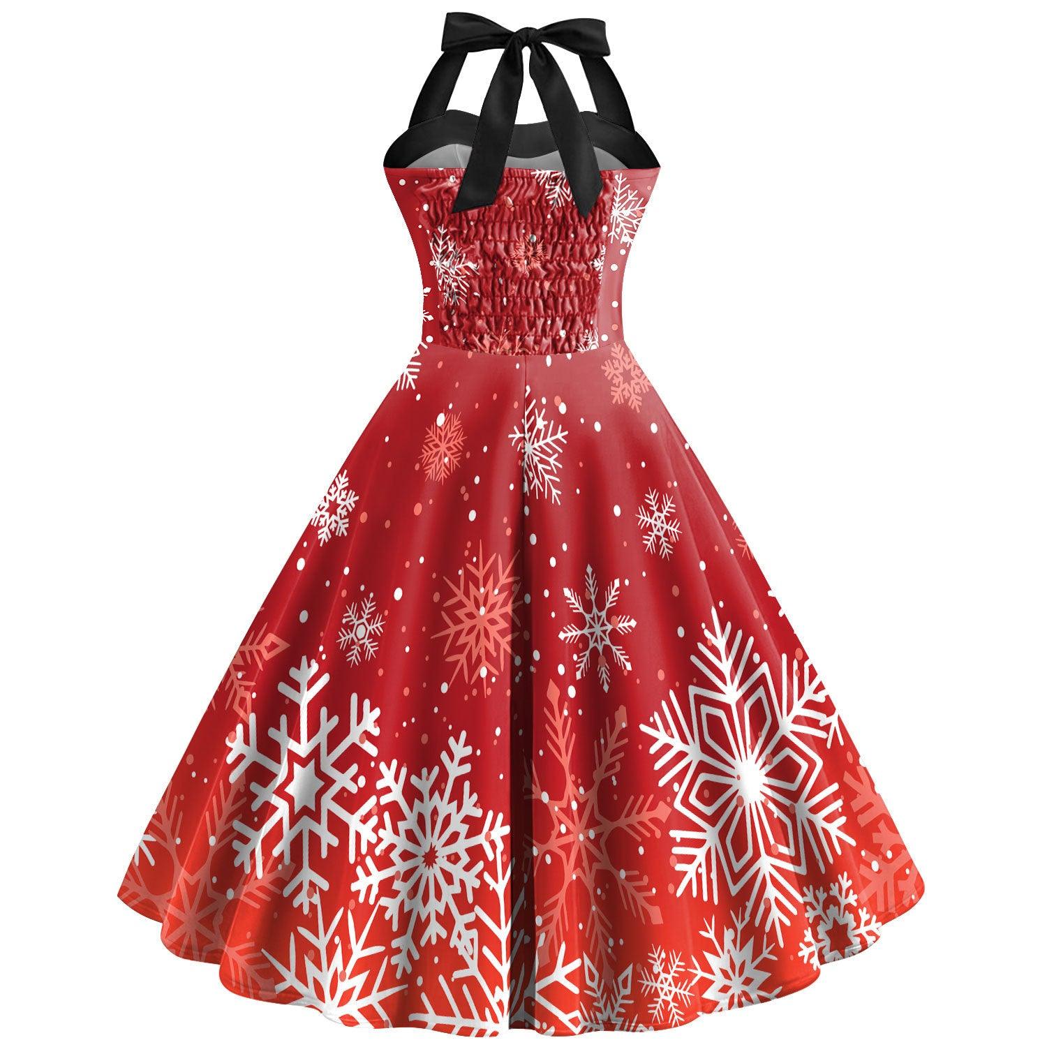 Women's Christmas Snowflake Print Strap High Waist Dress - Nioor