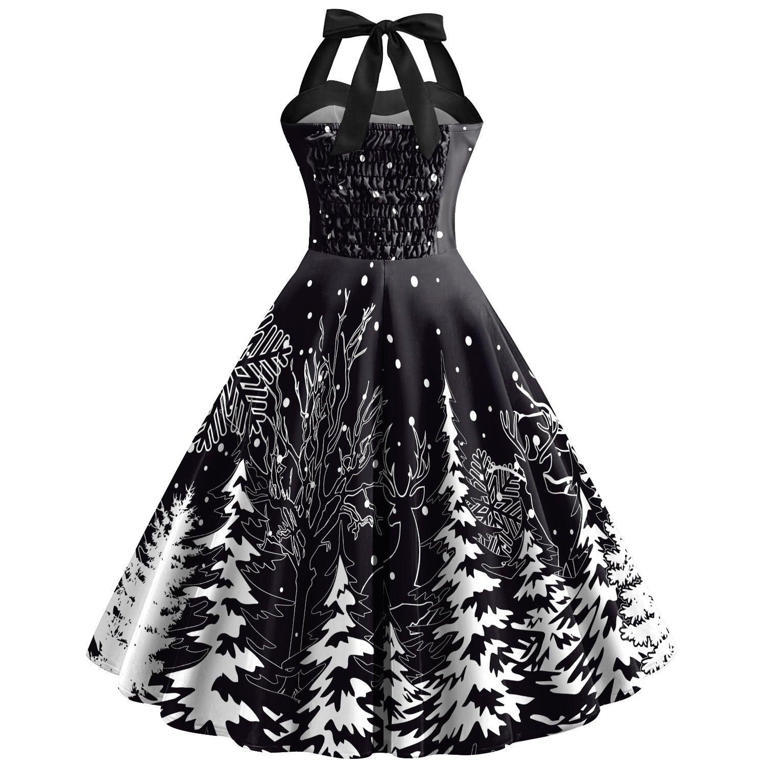 Women's Christmas Snowflake Print Strap High Waist Dress - Nioor