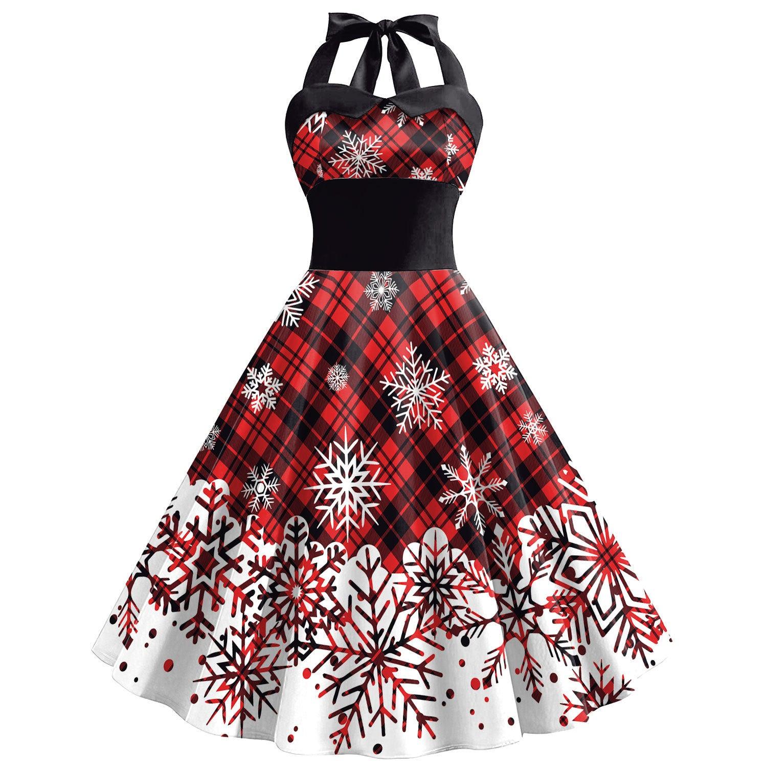 Women's Christmas Snowflake Print Strap High Waist Dress - Nioor