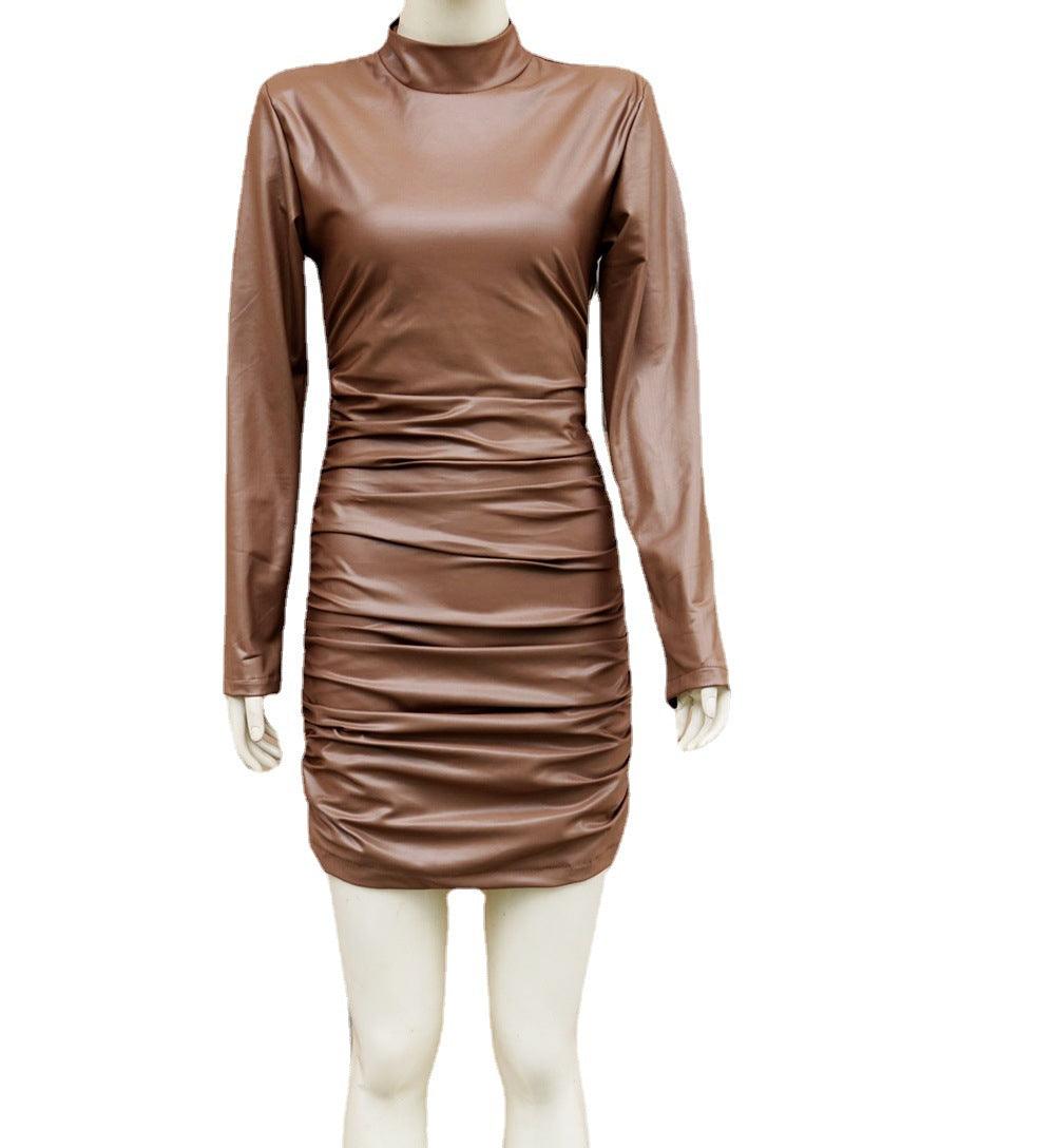 Women's Clothes Faux Leather Long Sleeve Stand Collar Skinny Sheath Sexy Nightclub Dress - Nioor