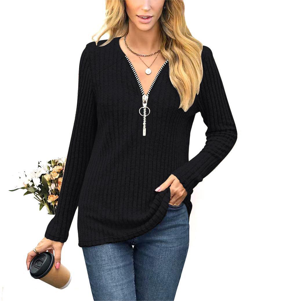 Women's Clothing Chest Zipper Pleating Casual Long Sleeve T-shirt - Nioor