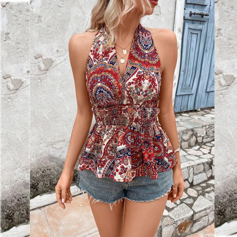 Women's Clothing Halter Sexy Backless Holiday Printing Slim-fit Tank Top - Nioor