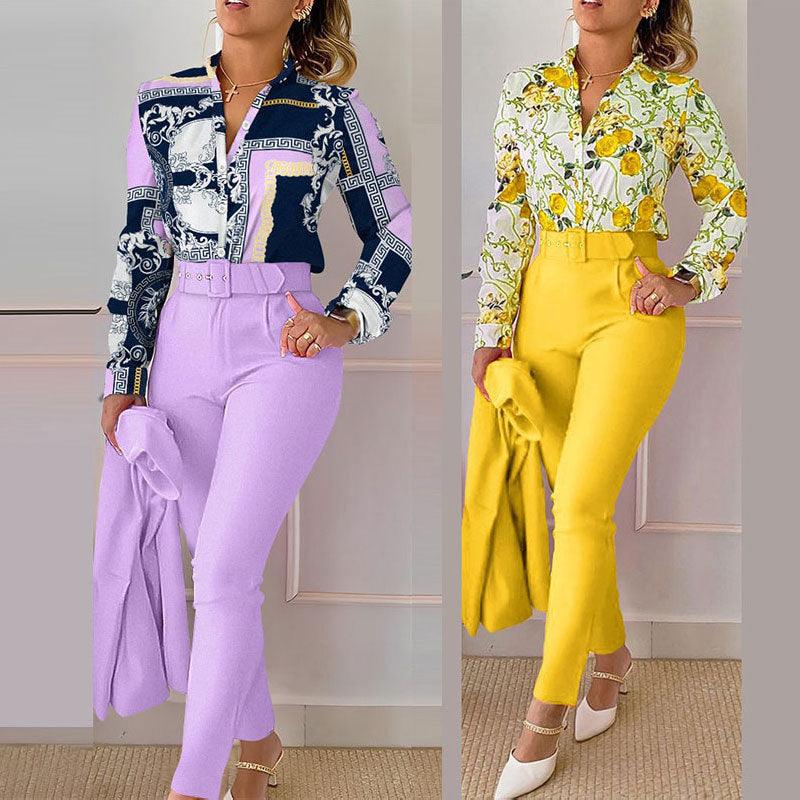 Women's Clothing New Elegant Printed Trousers Long Sleeve Fashion Casual Set - Nioor