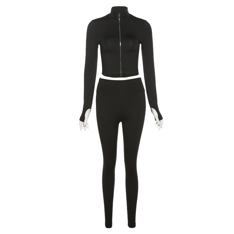 Women's Clothing New Stand Collar Long-sleeve Zipper Top High Waist Slim Fit Skinny Trousers Suit For Women - Nioor