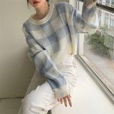 Women's Contrast Color Plaid Sweater Short Slim - Nioor