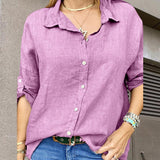 Women's Cotton And Linen Loose Casual Lapel Long Sleeve Shirt - Nioor