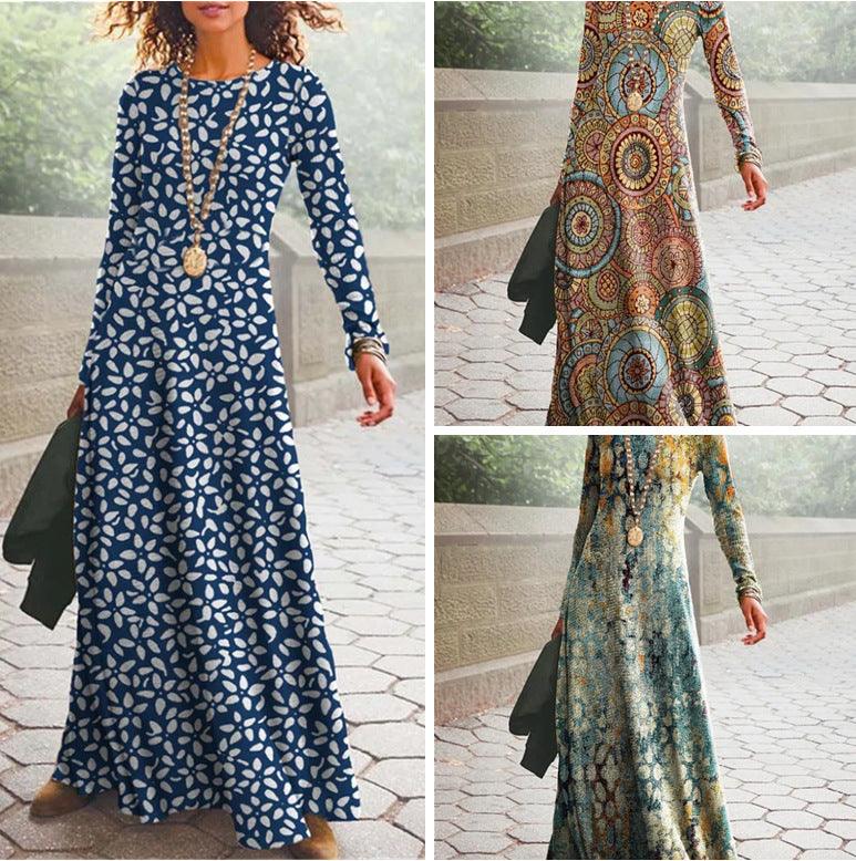 Women's Cotton Printed Round Neck Wide Hem Long Sleeve Dress - Nioor