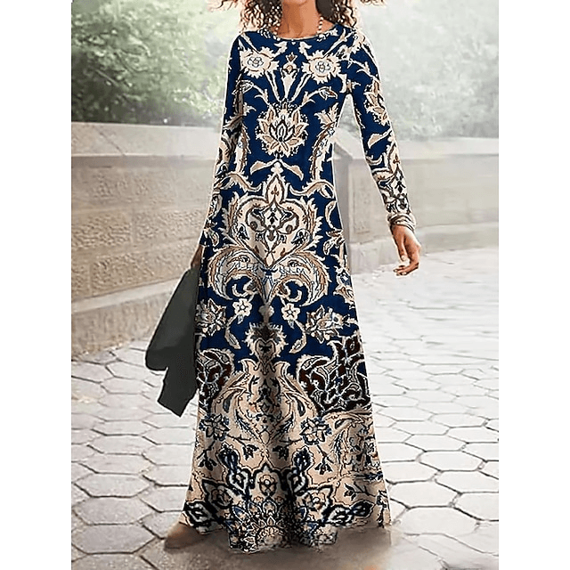 Women's Cotton Printed Round Neck Wide Hem Long Sleeve Dress - Nioor