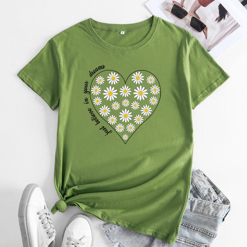 Women's Daisy Printed Cotton Round Neck Short Sleeve T-shirt - Nioor