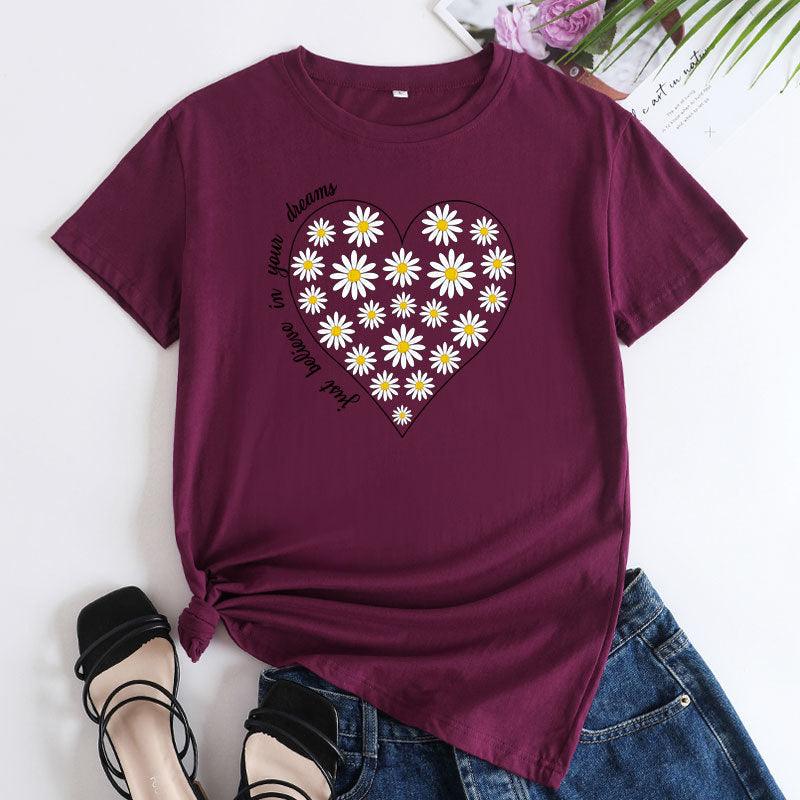 Women's Daisy Printed Cotton Round Neck Short Sleeve T-shirt - Nioor